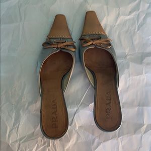 Prada Silver and Tan Sandals with mini Heel